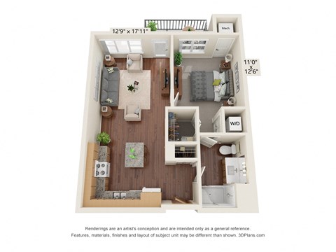 Floor plan for 1 bed, 1 bath, 723 sqft